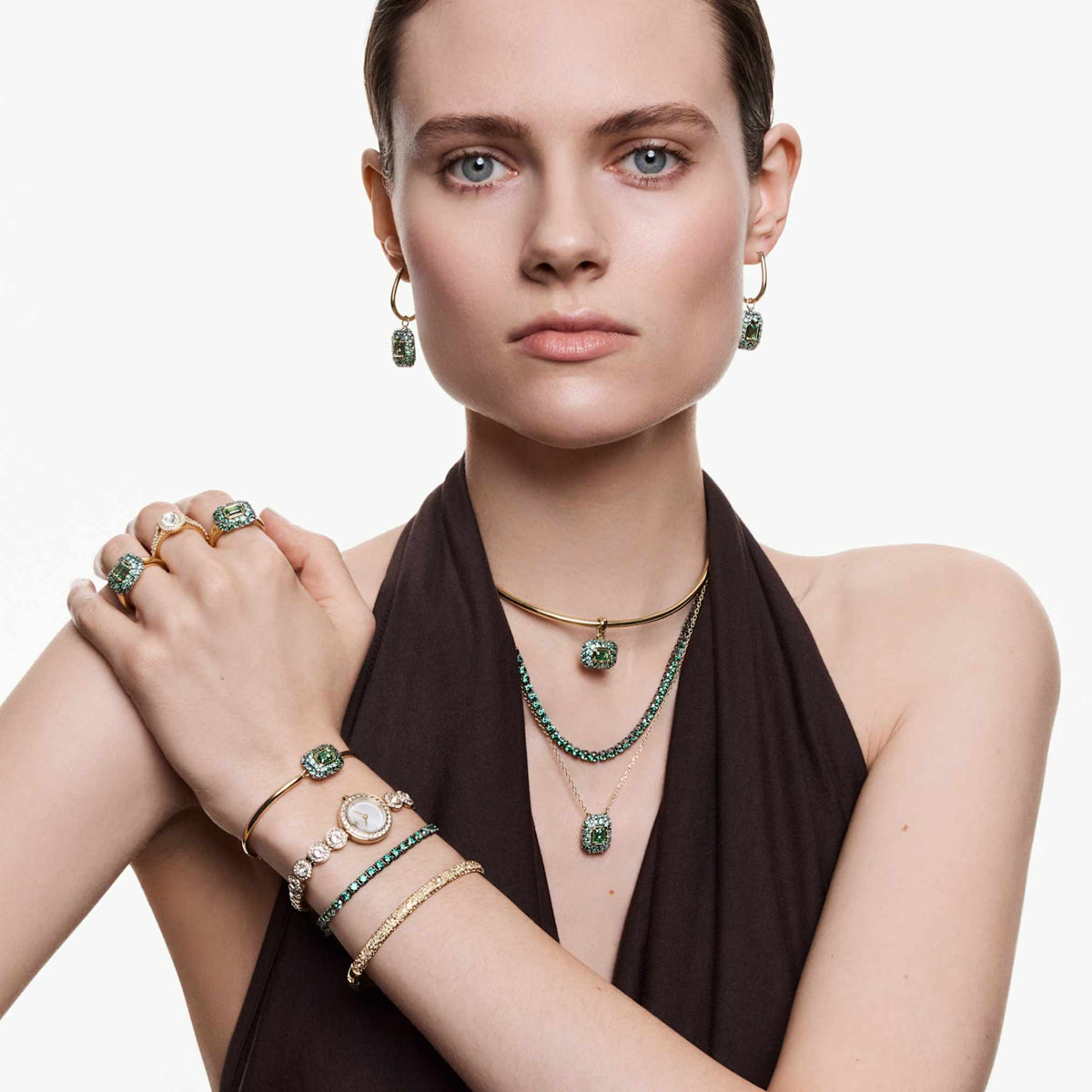 Swarovski Sublima drop earrings Octagon cut, Green, 18K gold finish