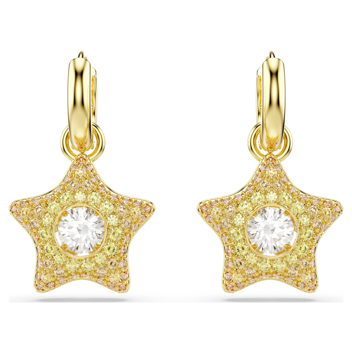 Swarovski Sublima drop earrings featuring a star motif with multicolored round-cut accents and an 18K gold finish