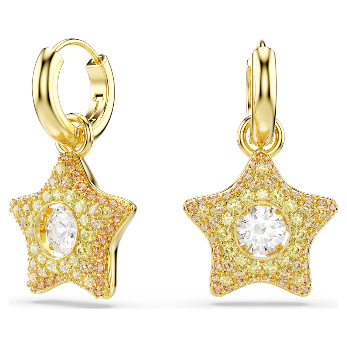Swarovski Sublima drop earrings featuring a star motif with multicolored round-cut accents and an 18K gold finish