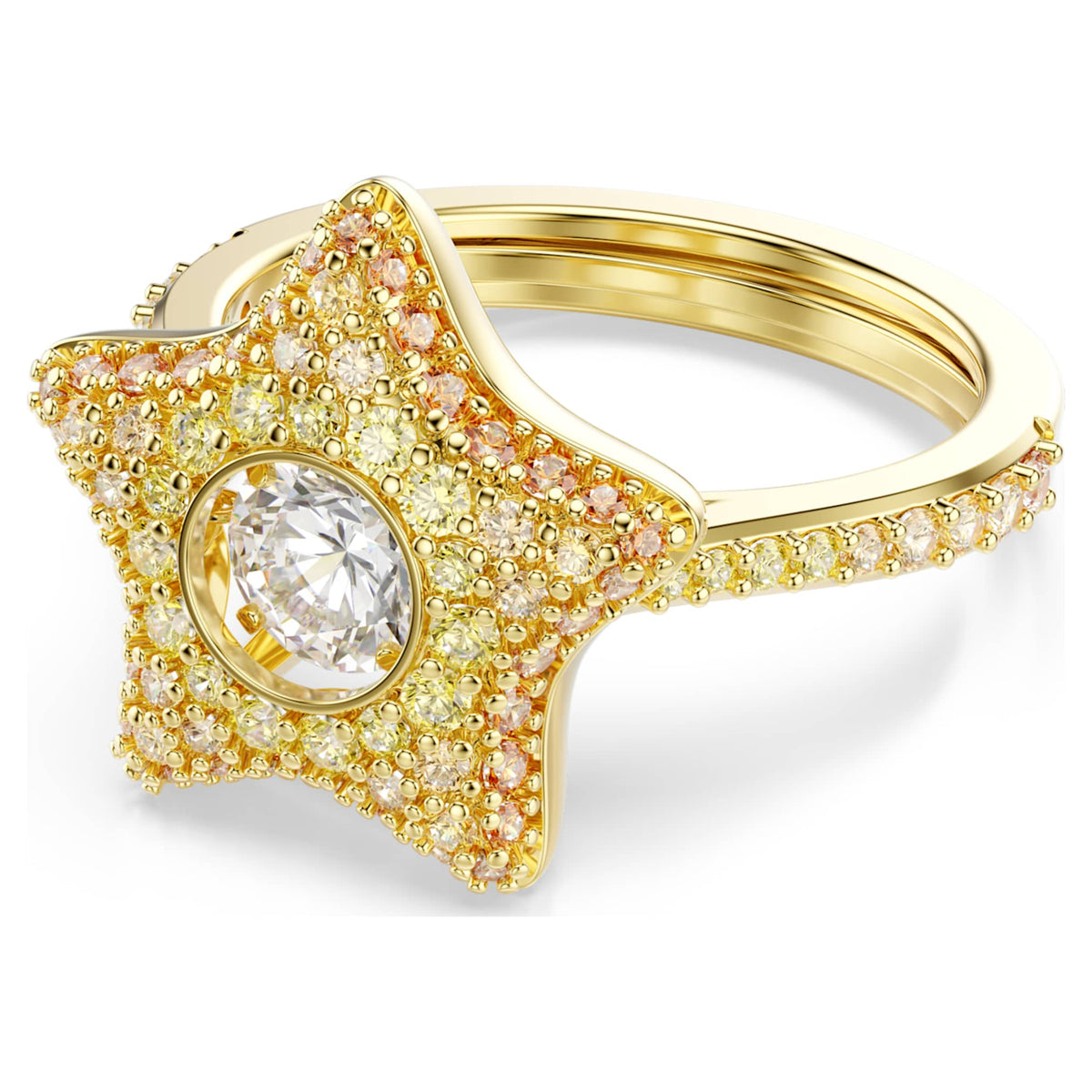 Swarovski Sublima ring featuring a star motif with multicolored round-cut accents and an 18K gold finish