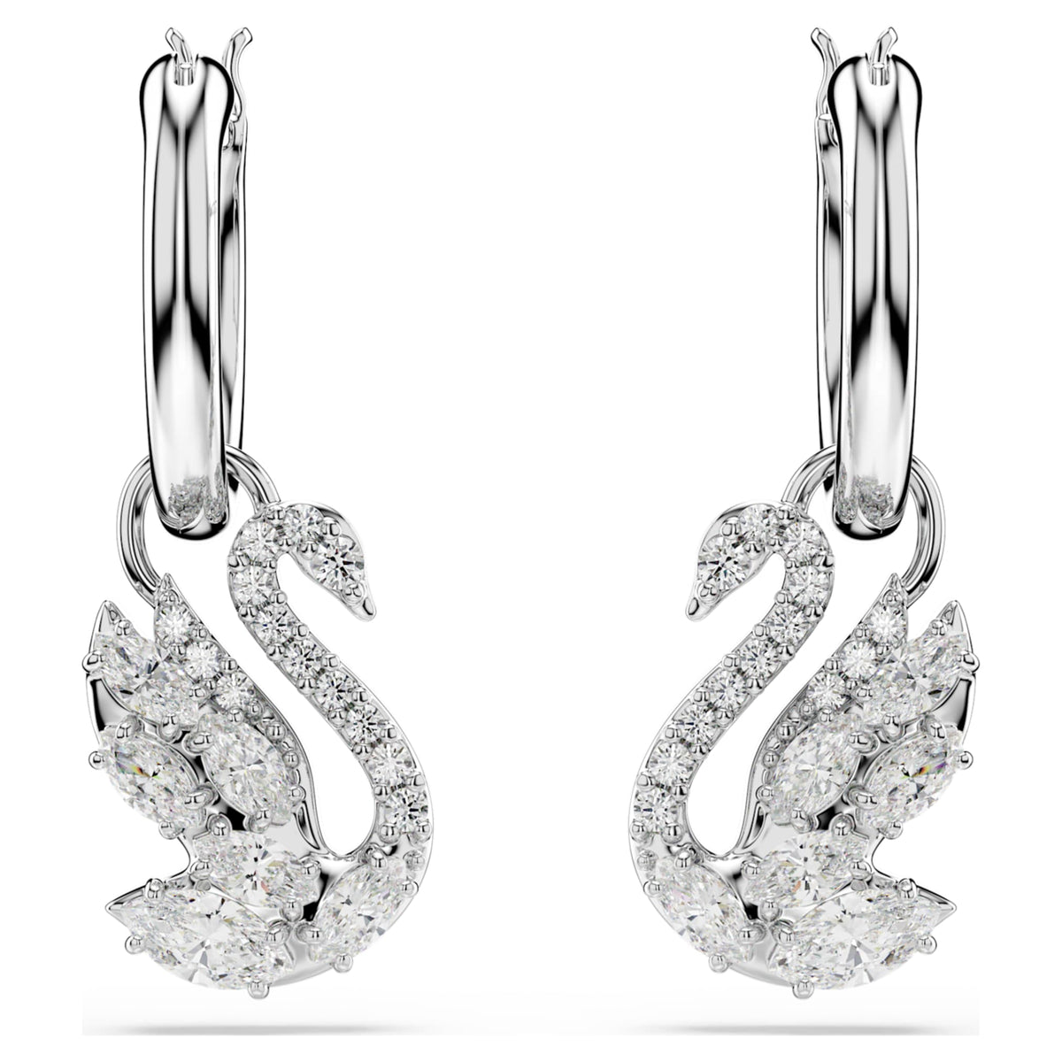 Swarovski Swan drop earrings Mixed cuts, Swan, White, Rhodium plated