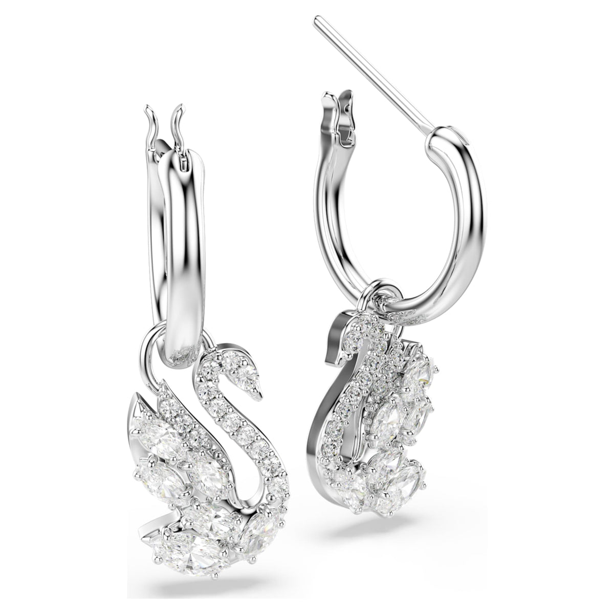 Swarovski Swan drop earrings Mixed cuts, Swan, White, Rhodium plated