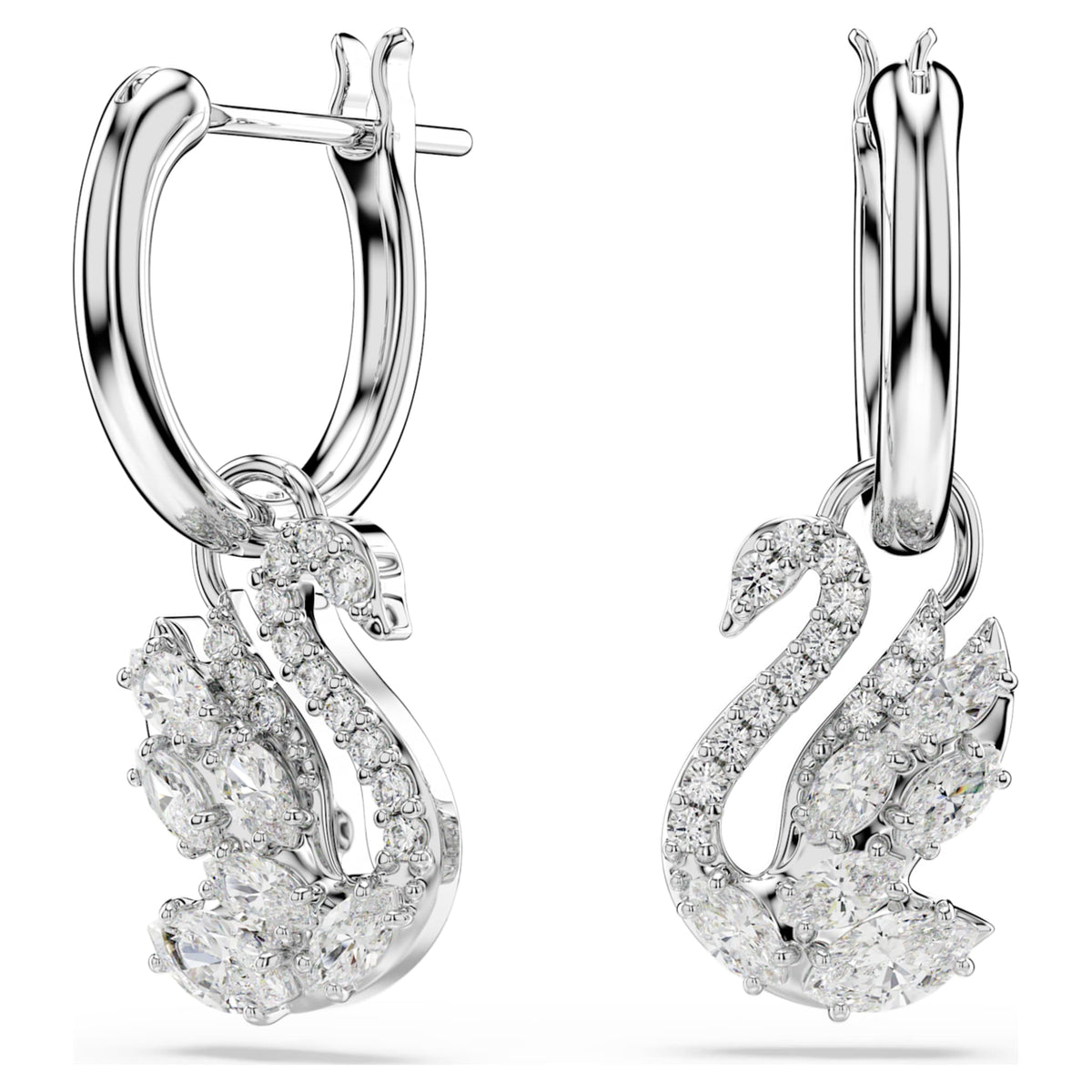 Swarovski Swan drop earrings Mixed cuts, Swan, White, Rhodium plated