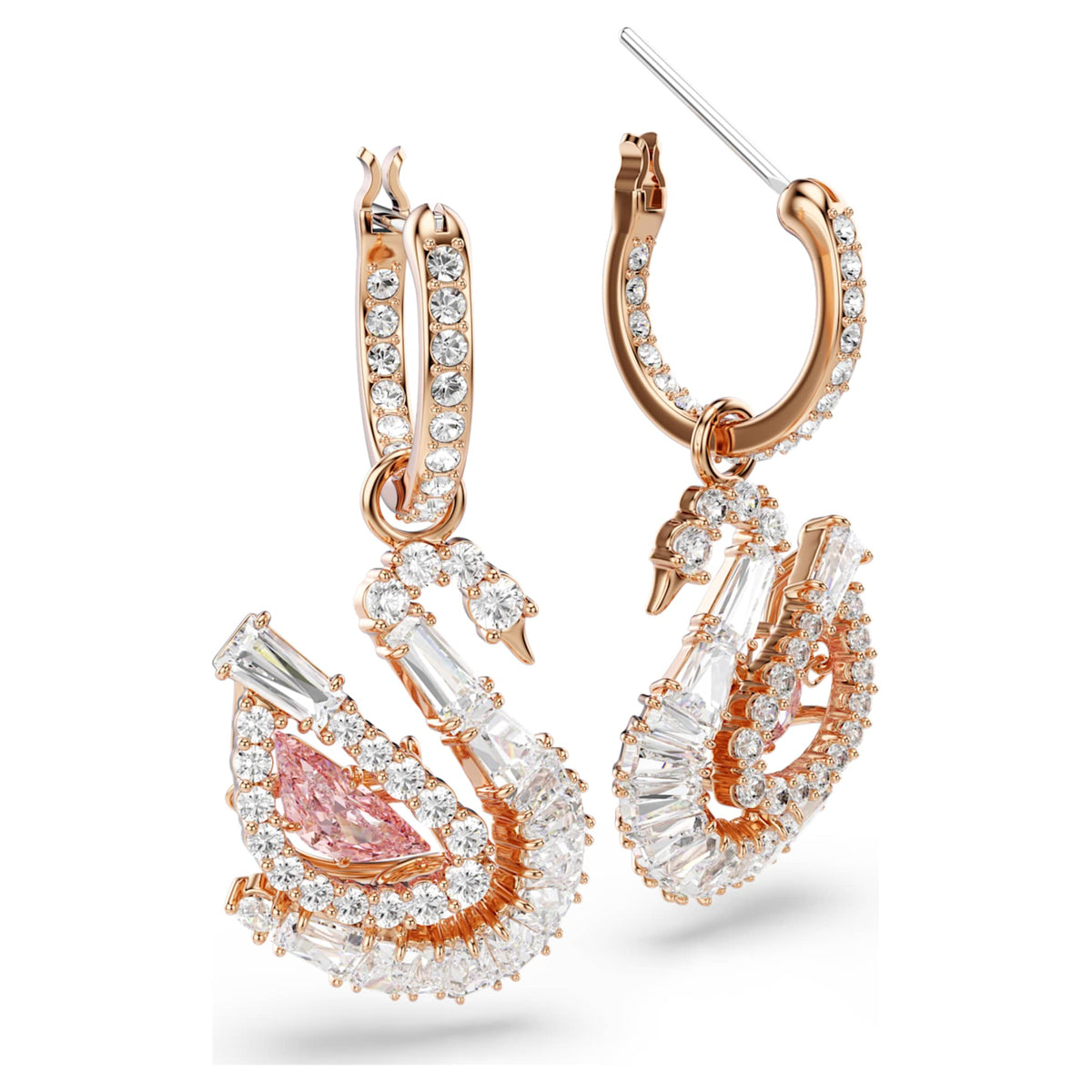 Swarovski Swan drop earrings with pink pavé accents and an 18K rose gold finish