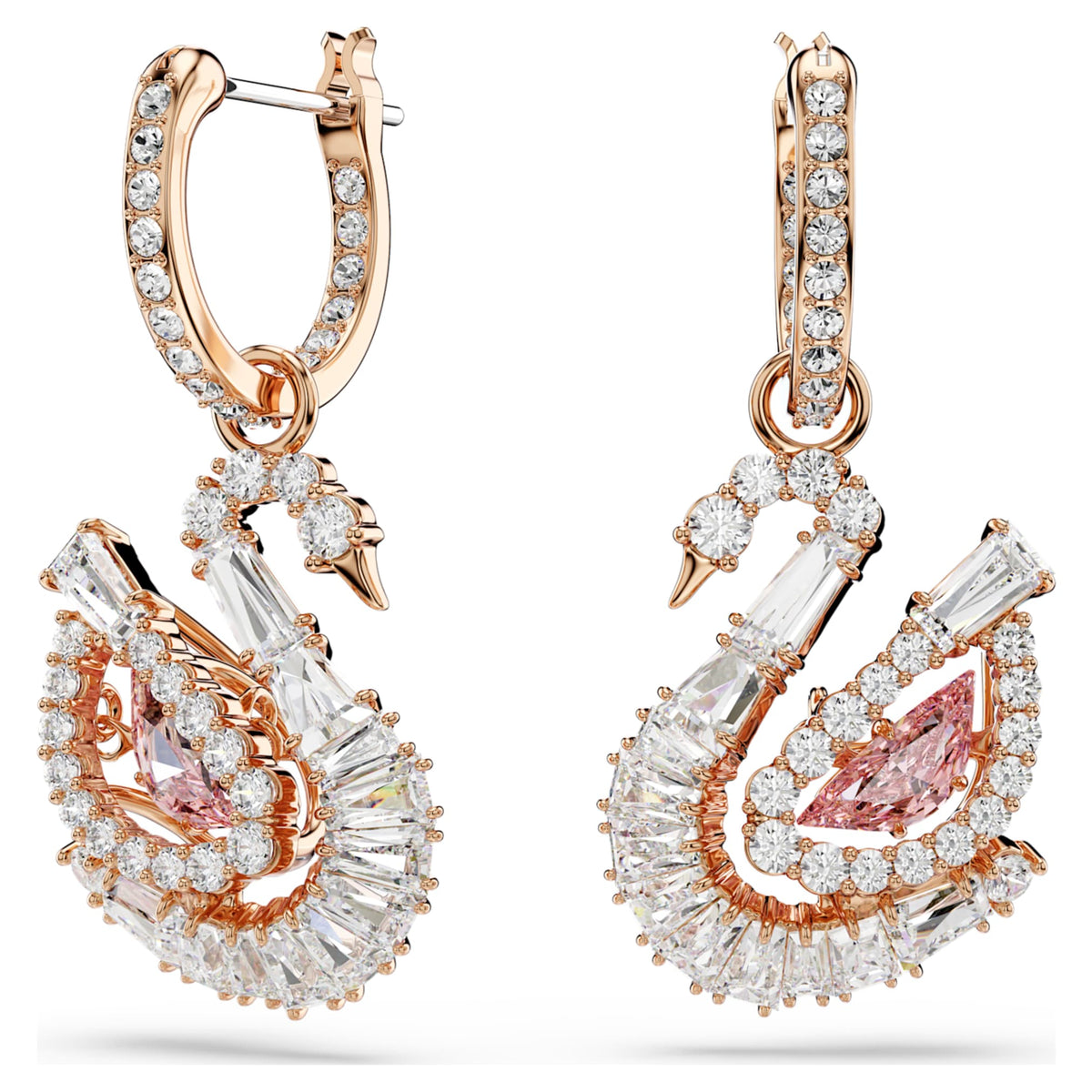 Swarovski Swan drop earrings with pink pavé accents and an 18K rose gold finish