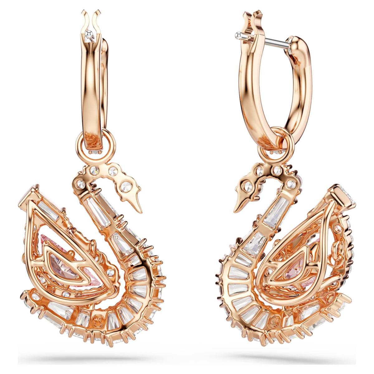 Swarovski Swan drop earrings with pink pavé accents and an 18K rose gold finish
