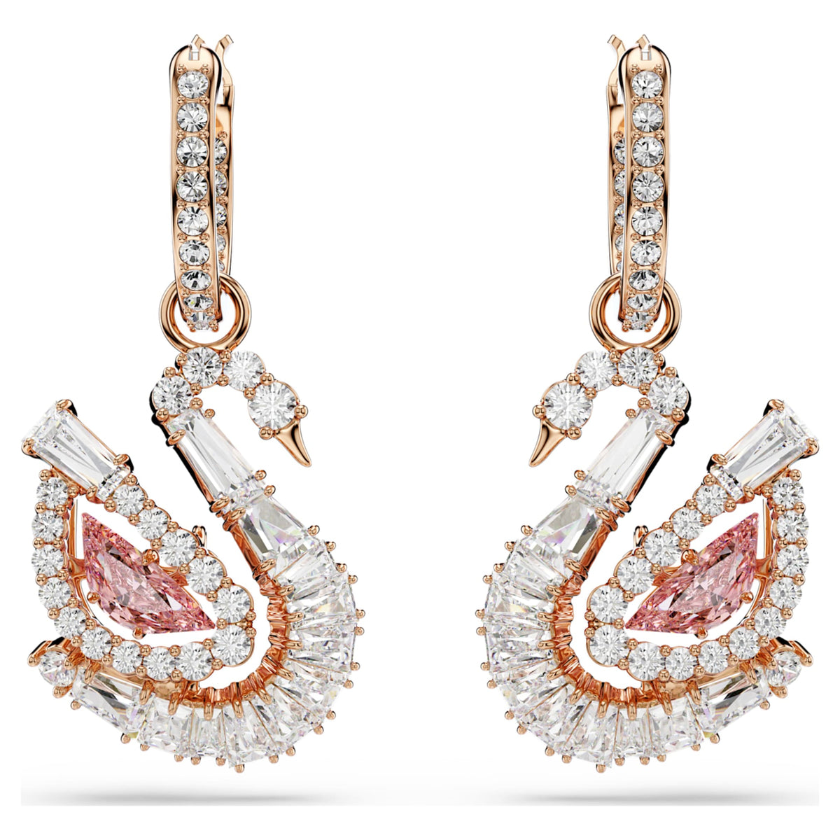 Swarovski Swan drop earrings with pink pavé accents and an 18K rose gold finish