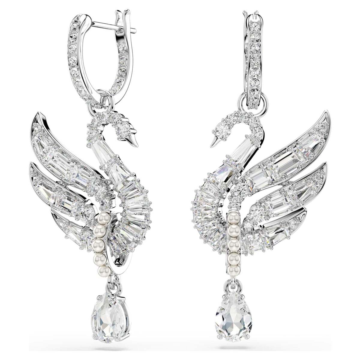 Swarovski Swan earrings with white accents and rhodium plating