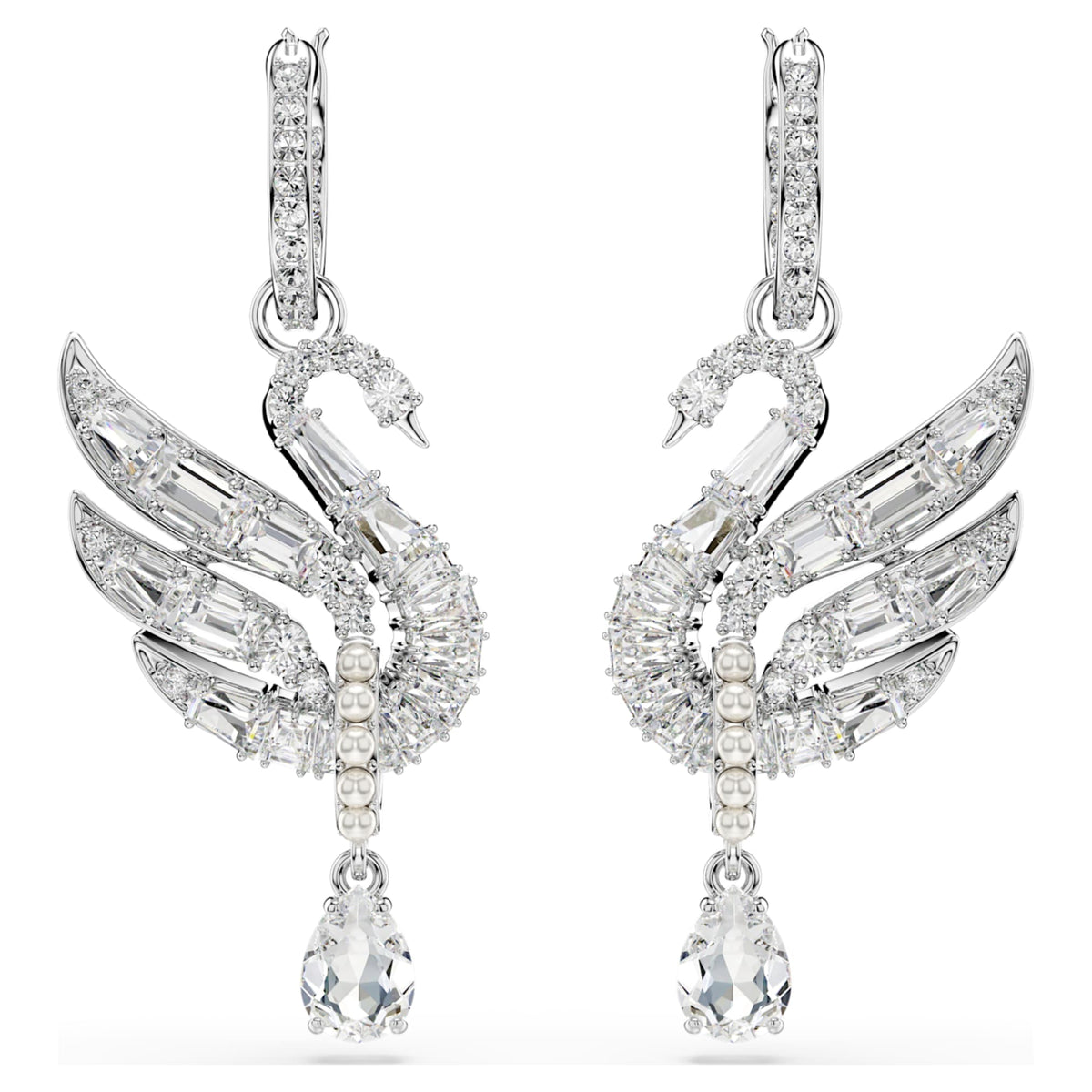 Swarovski Swan earrings with white accents and rhodium plating
