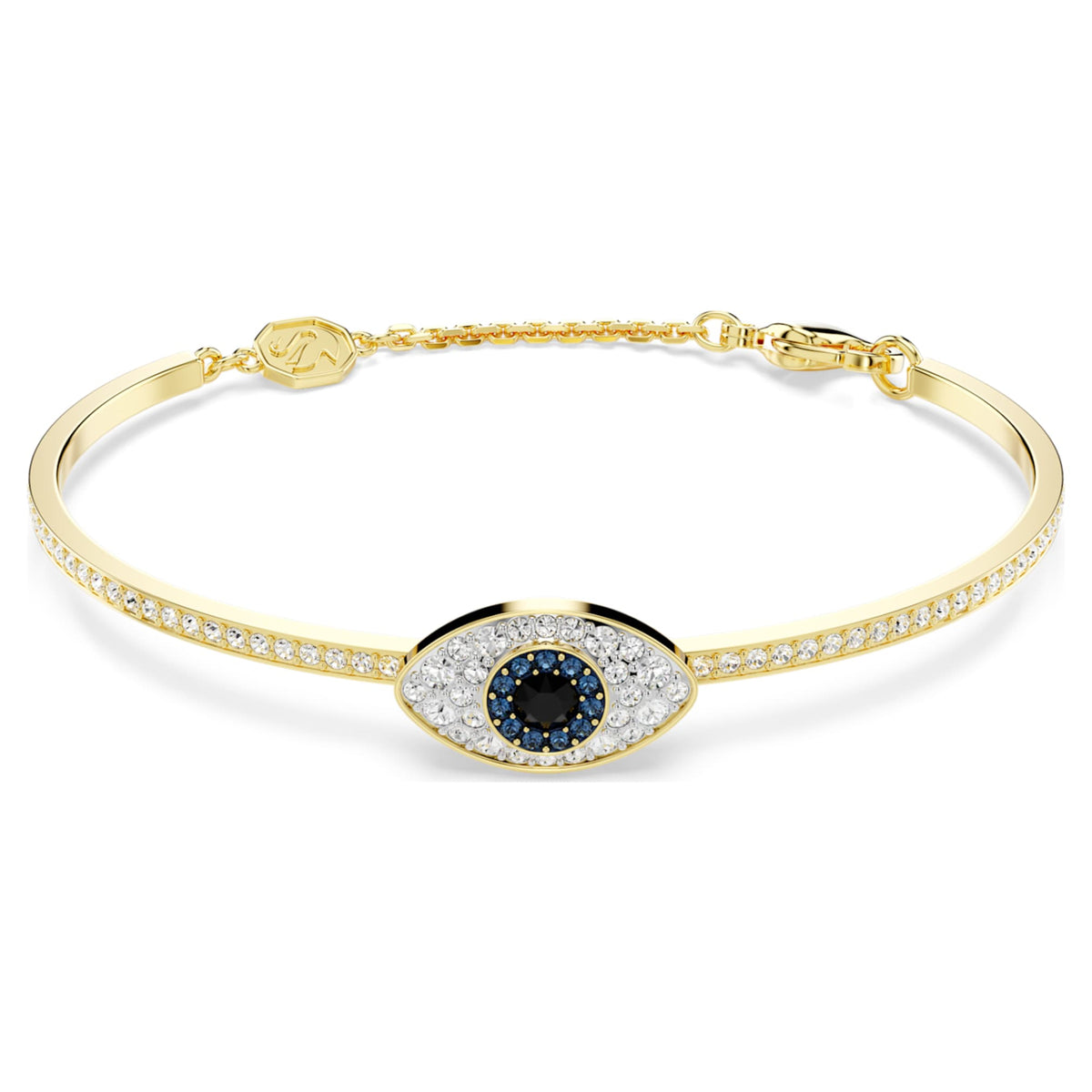 Swarovski Symbolica bangle featuring a evil eye motif with blue accents and an 18K gold finish