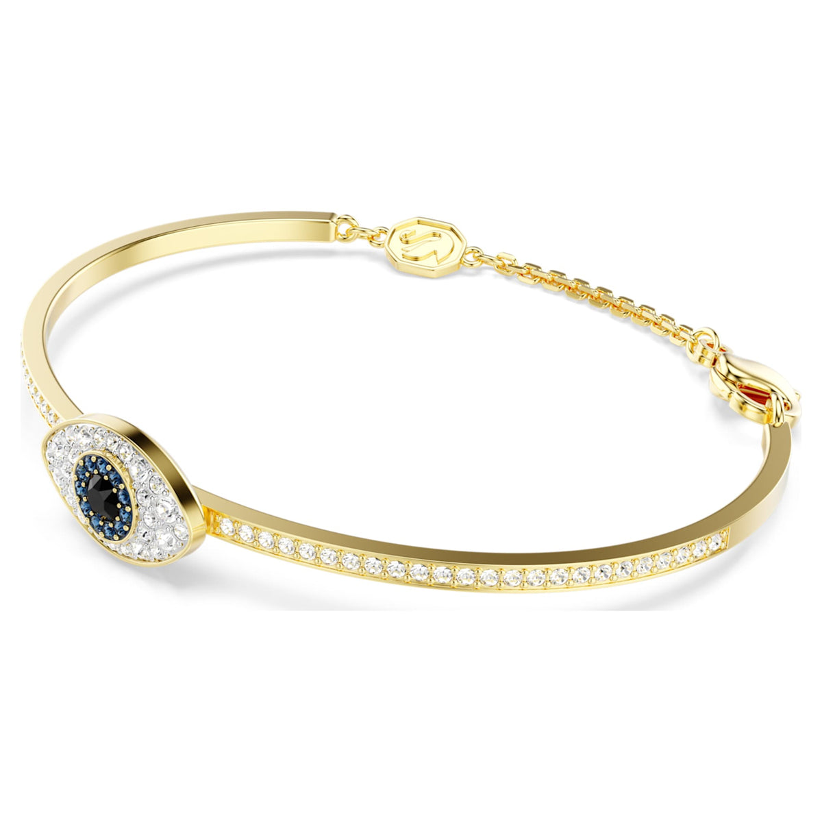 Swarovski Symbolica bangle featuring a evil eye motif with blue accents and an 18K gold finish