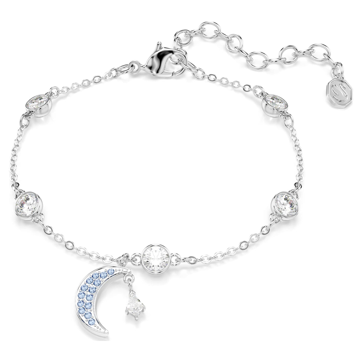 Swarovski Symbolica bracelet featuring a moon motif with blue round-cut accents and rhodium plating
