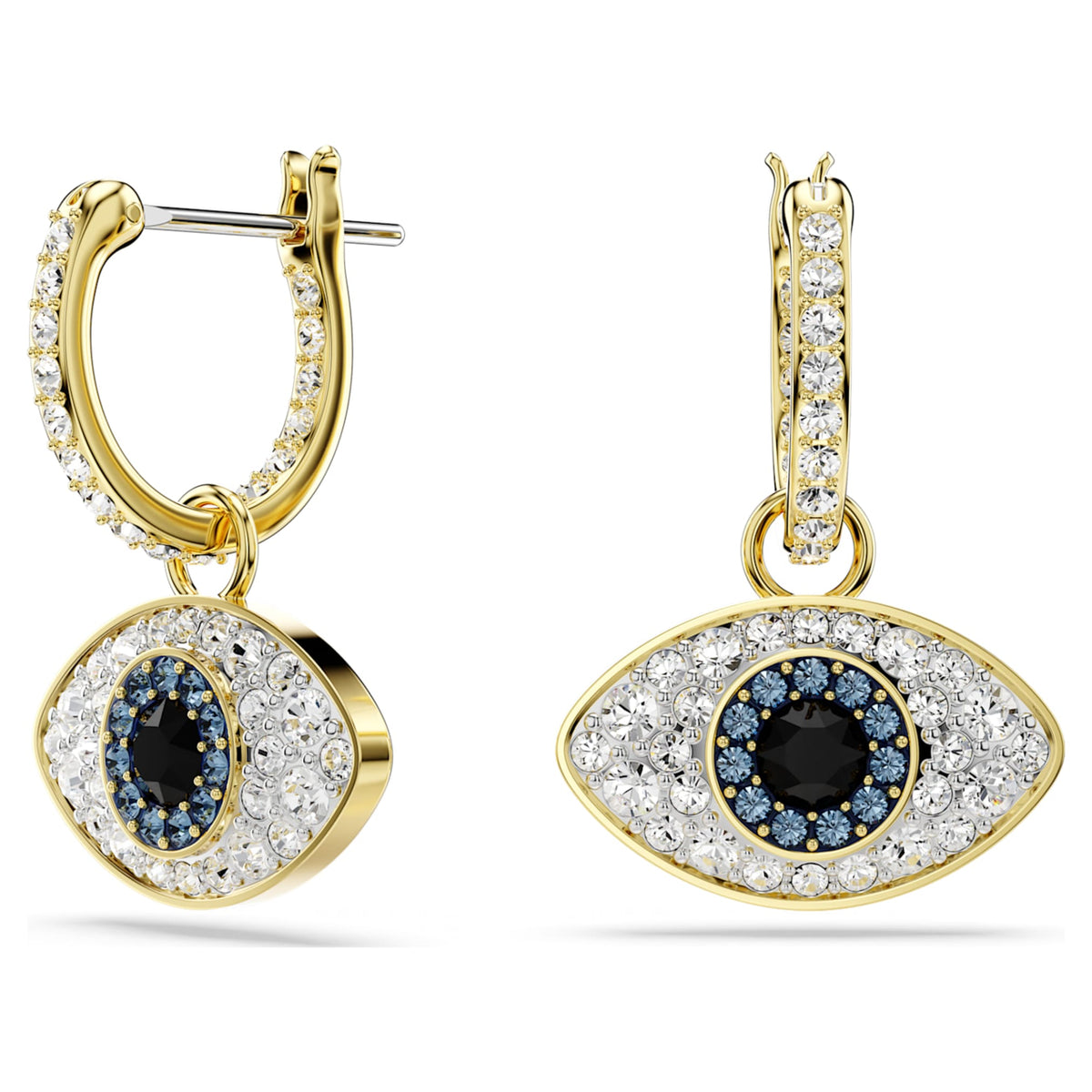 Swarovski Symbolica drop earrings featuring a evil eye motif with blue accents and an 18K gold finish