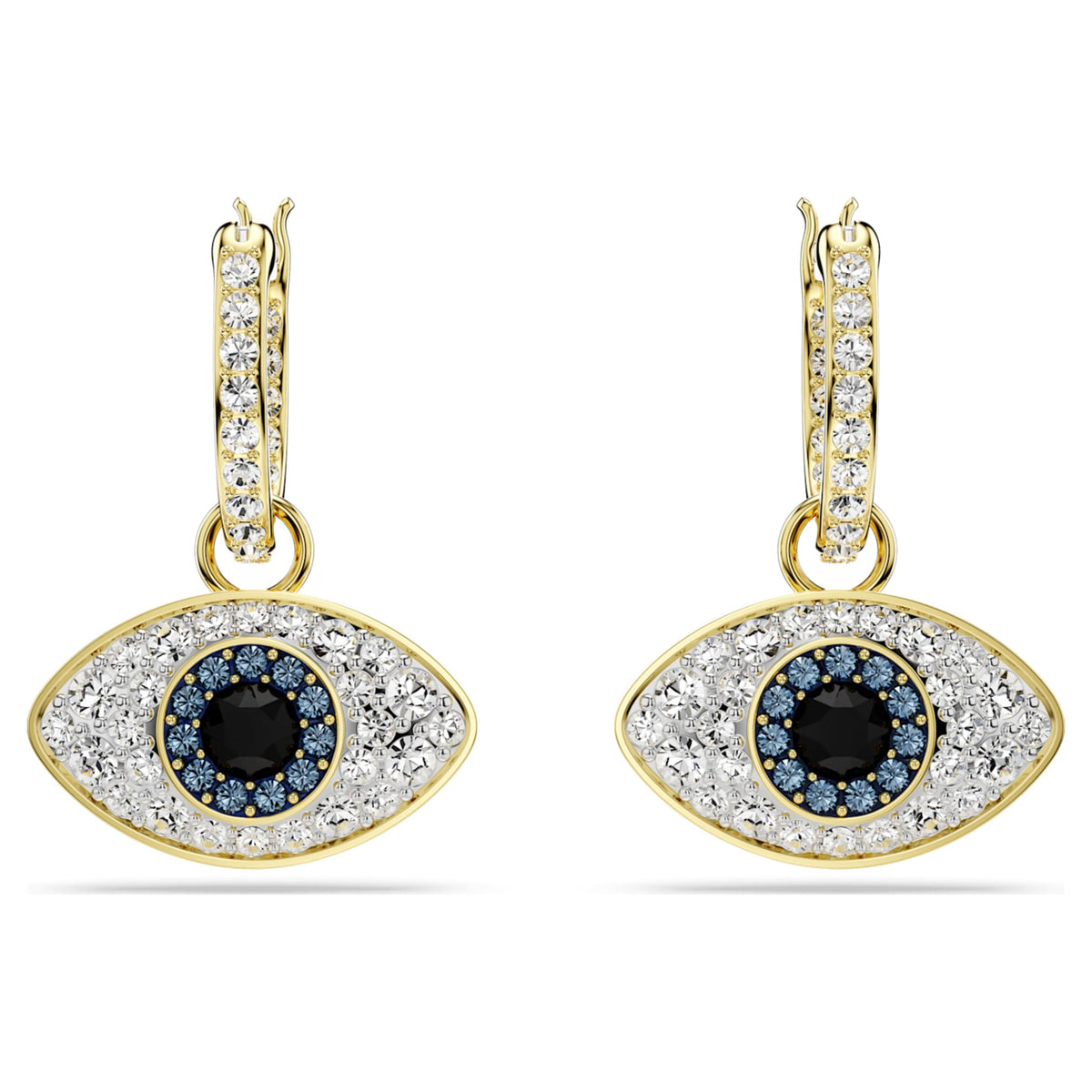 Swarovski Symbolica drop earrings featuring a evil eye motif with blue accents and an 18K gold finish