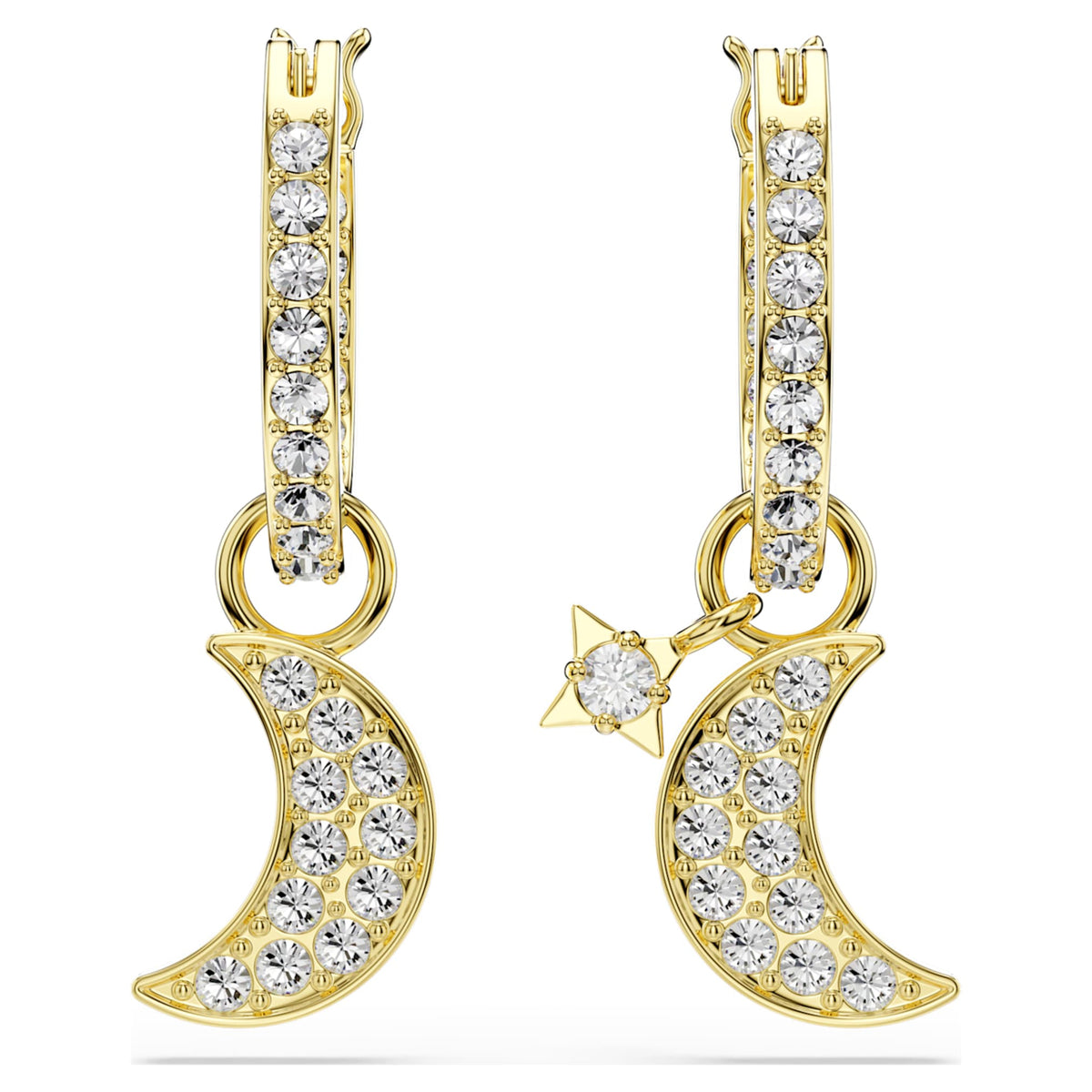Swarovski Symbolica drop earrings featuring a moon motif with white round-cut accents and an 18K gold finish