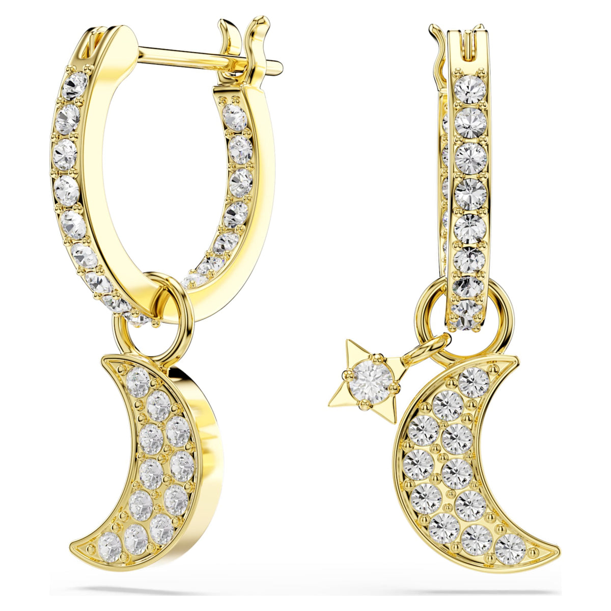 Swarovski Symbolica drop earrings featuring a moon motif with white round-cut accents and an 18K gold finish