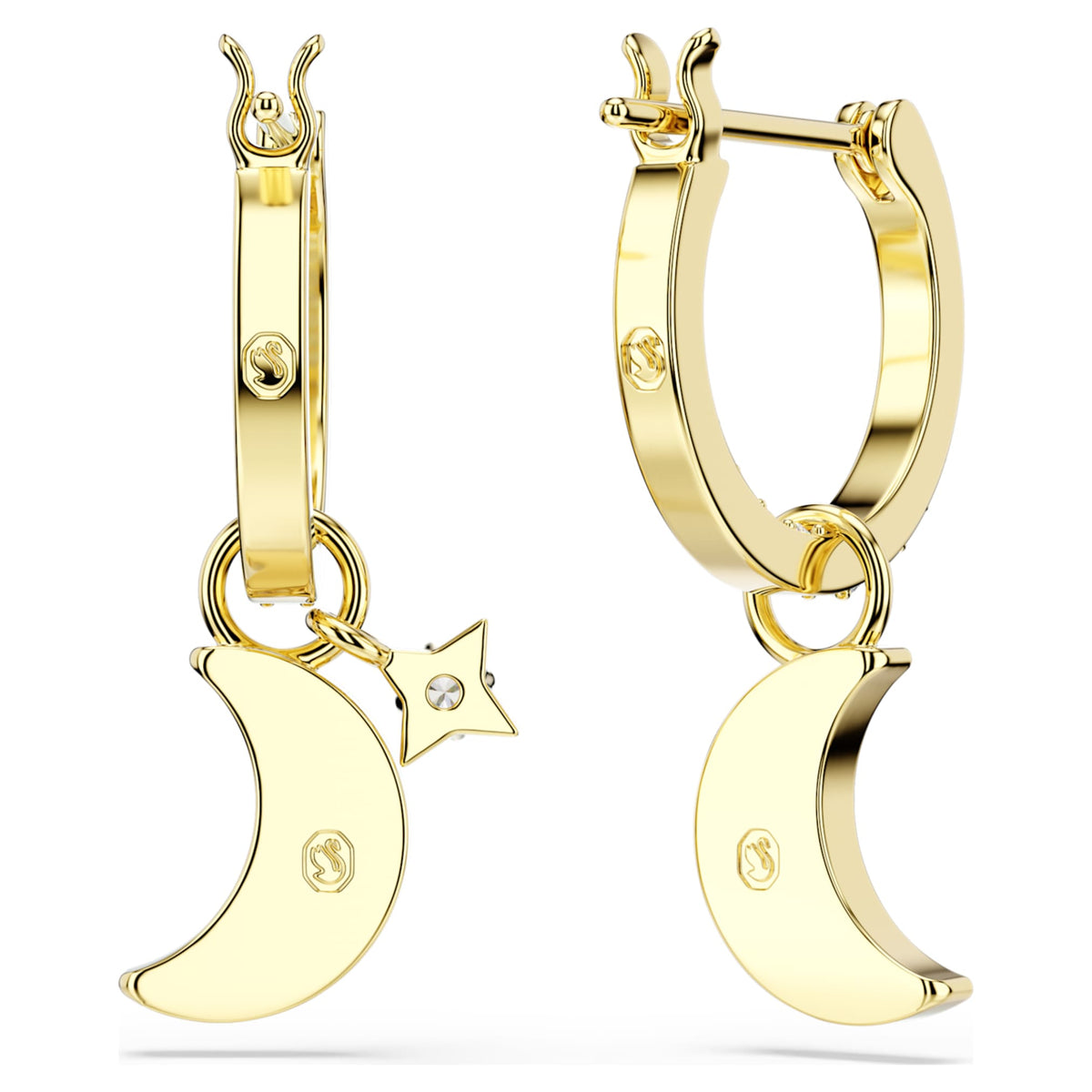 Swarovski Symbolica drop earrings featuring a moon motif with white round-cut accents and an 18K gold finish