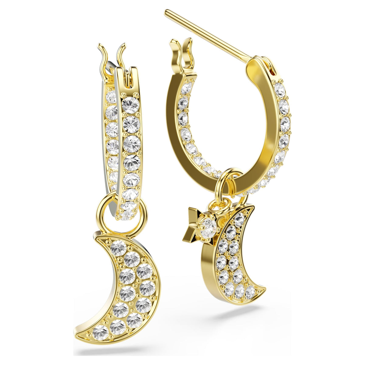 Swarovski Symbolica drop earrings featuring a moon motif with white round-cut accents and an 18K gold finish