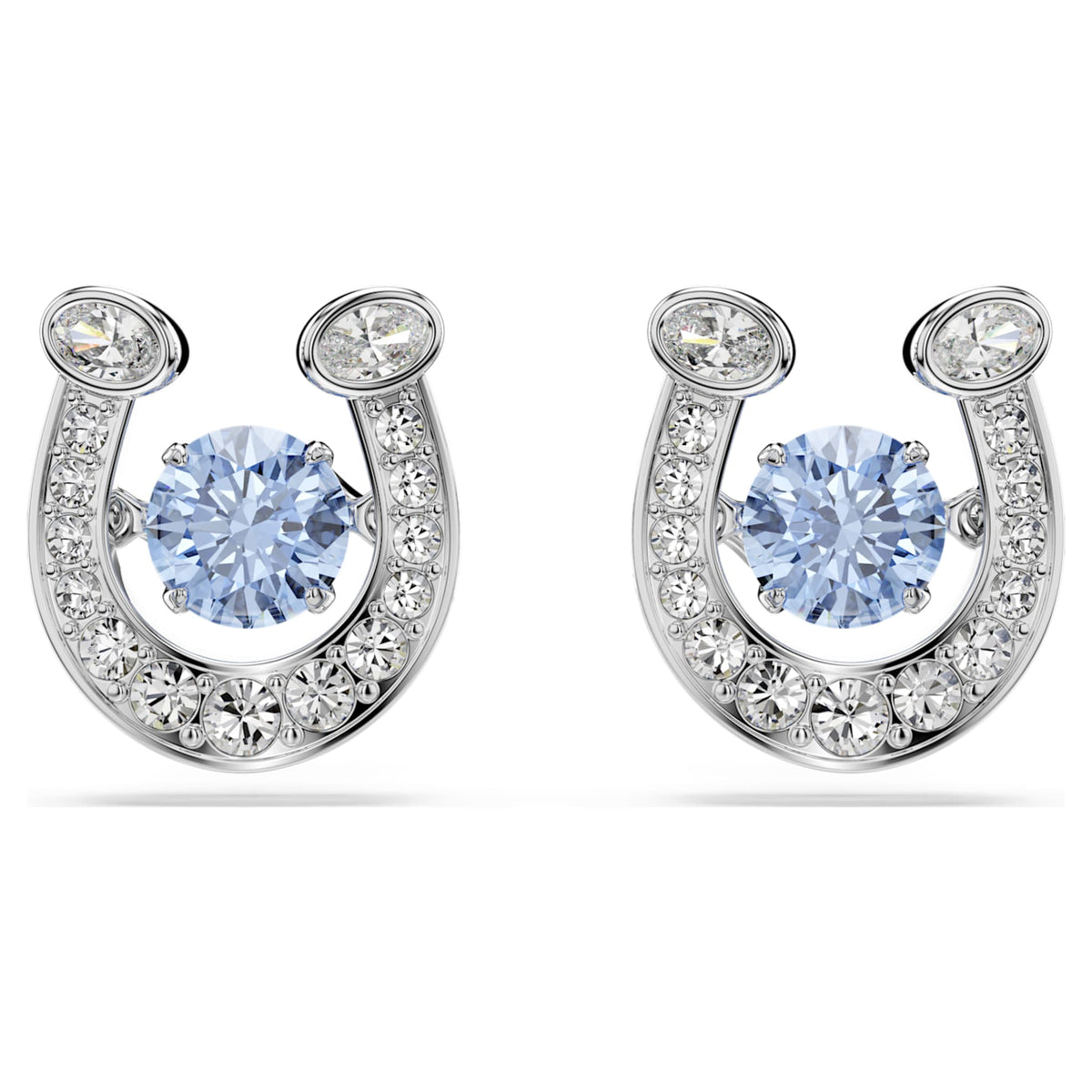 Swarovski Symbolica stud earrings featuring a horse shoe motif with blue round-cut accents and rhodium plating