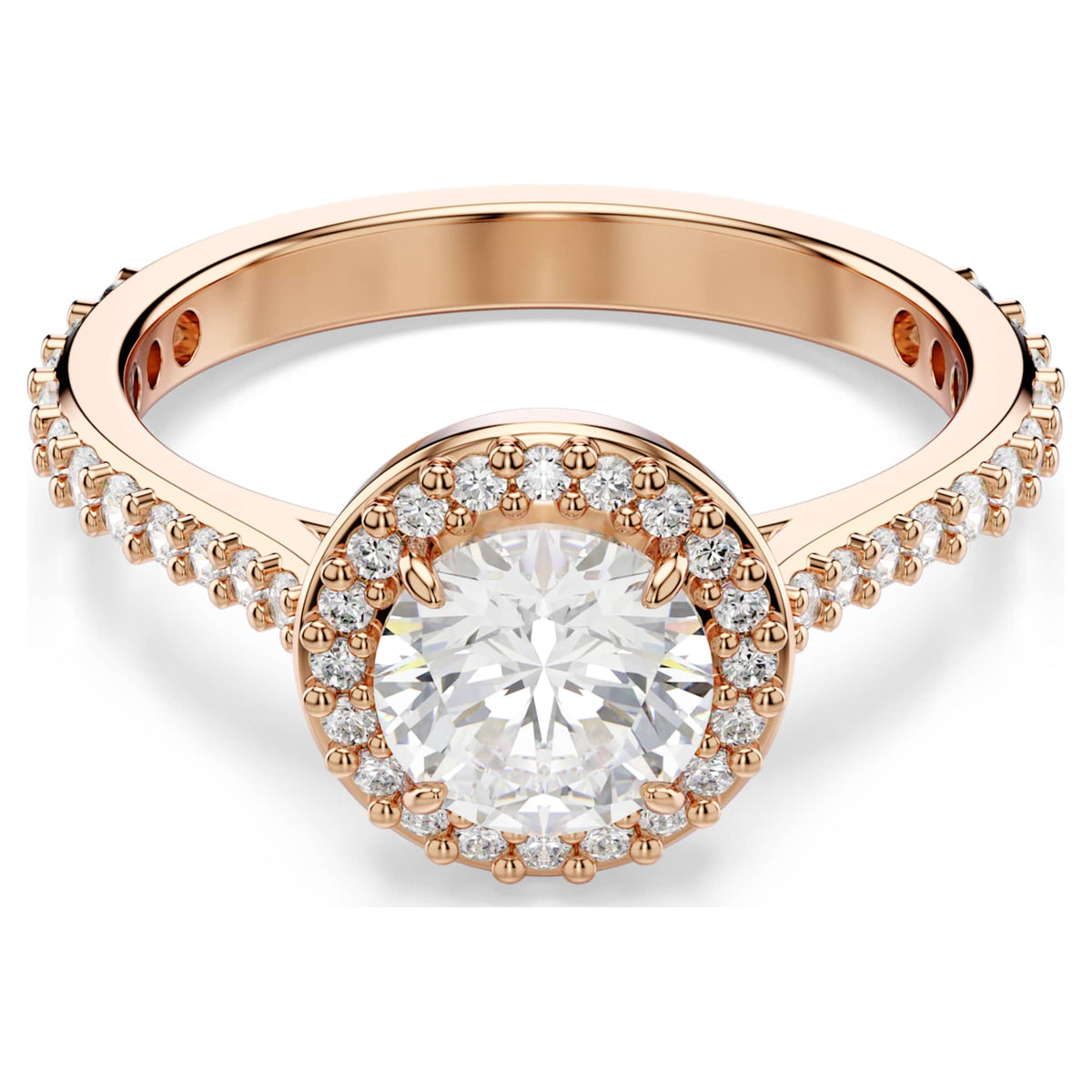 Swarovski Una Angelic cocktail ring with white round-cut accents and an 18K rose gold finish
