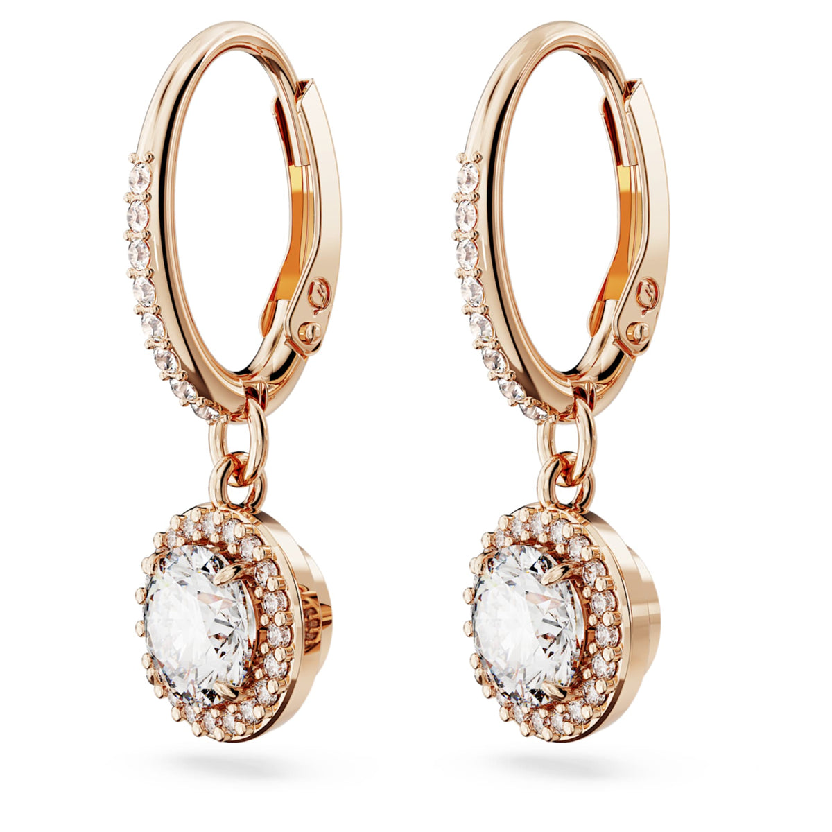 Swarovski Una Angelic drop earrings with white round-cut accents and an 18K rose gold finish