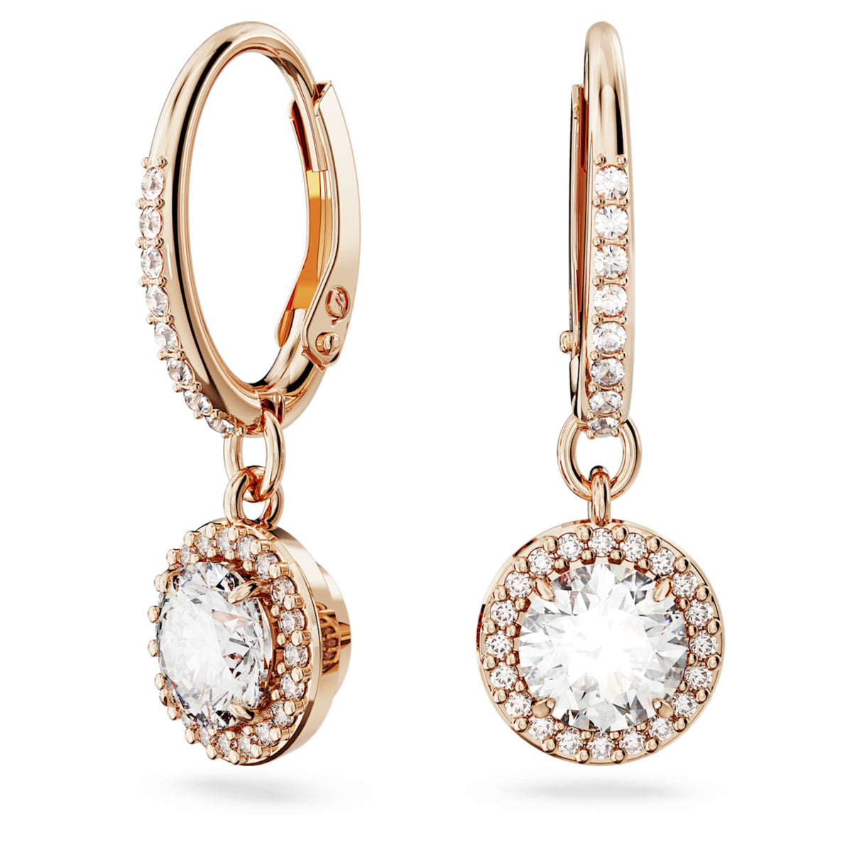 Swarovski Una Angelic drop earrings with white round-cut accents and an 18K rose gold finish