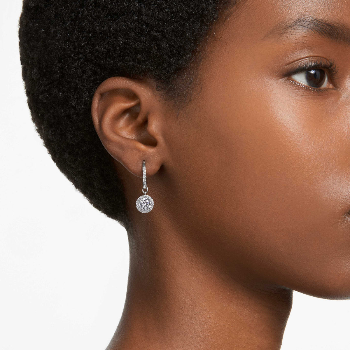 Swarovski Una Angelic drop earrings with white round-cut accents and an 18K rose gold finish