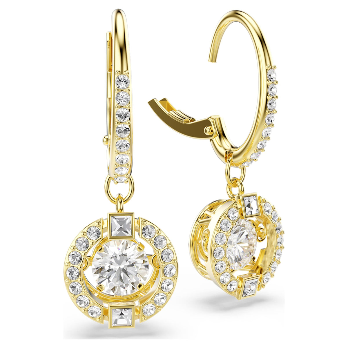 Swarovski Una Angelic drop earrings with white round-cut accents and an 18K gold finish