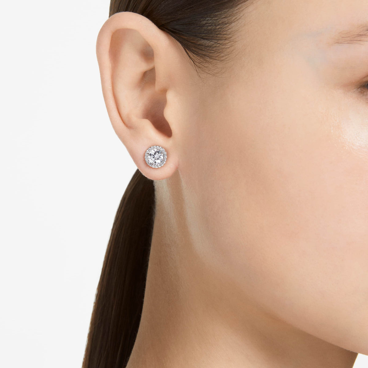 Swarovski Una Angelic stud earrings with white round-cut accents and an 18K rose gold finish