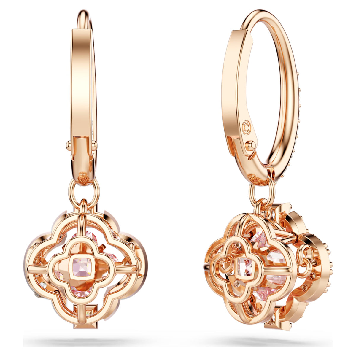 Swarovski Una drop earrings featuring a clover motif with pink accents and an 18K rose gold finish