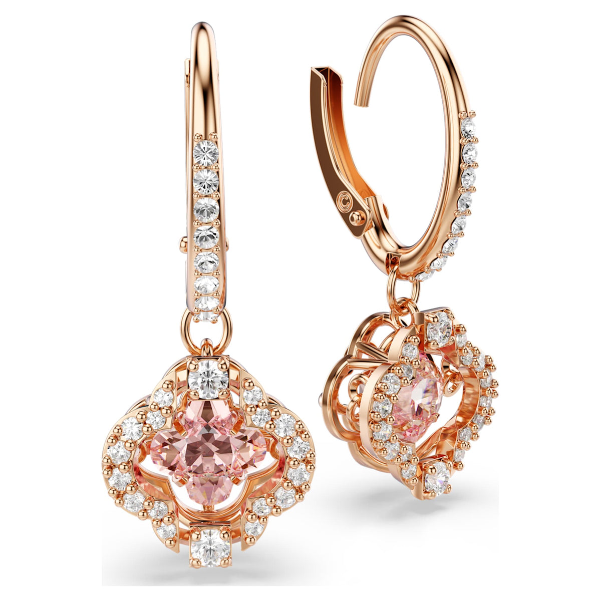 Swarovski Una drop earrings featuring a clover motif with pink accents and an 18K rose gold finish