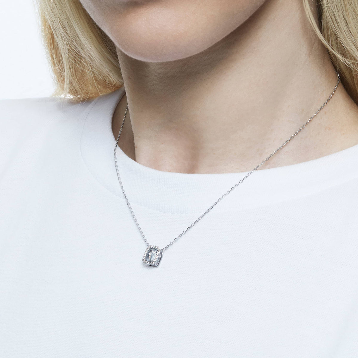 Swarovski Una necklace with blue octagon-cut accents and rhodium plating