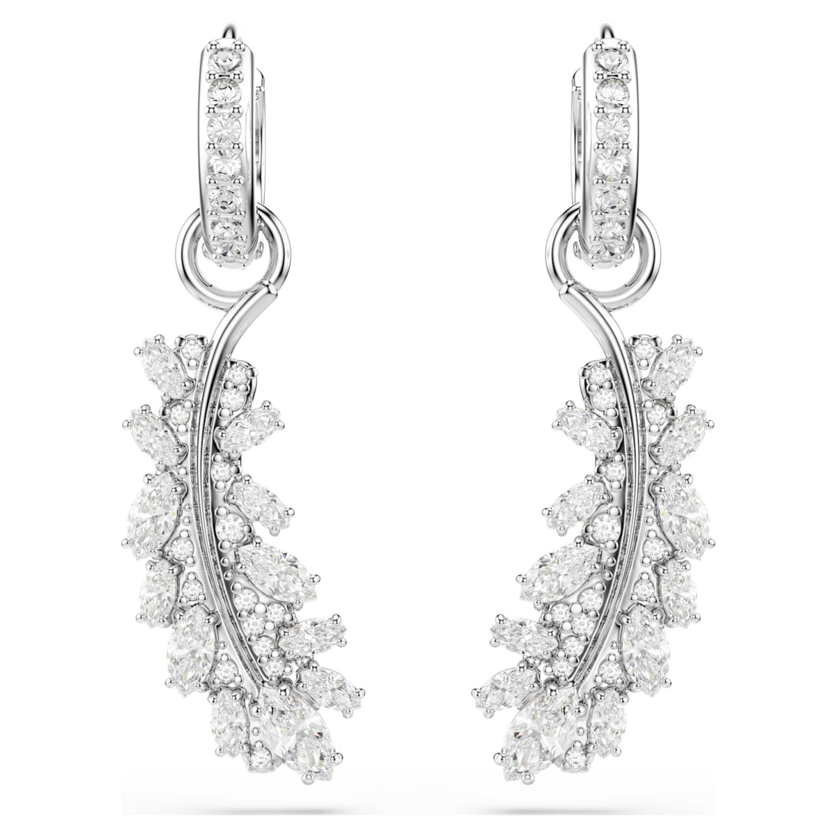 Swarovski Vienna earrings Mixed cuts, Feather, White, Rhodium plated